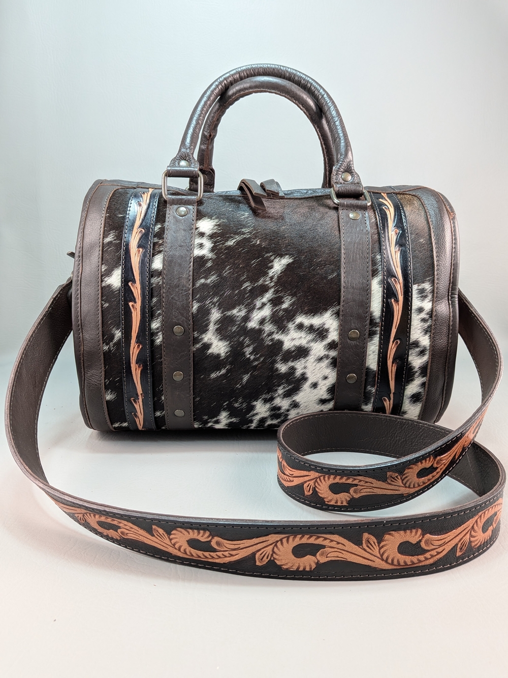 Western Cowhide Barrel Bag Hand Tooled Leather Speedy Purse Satchel